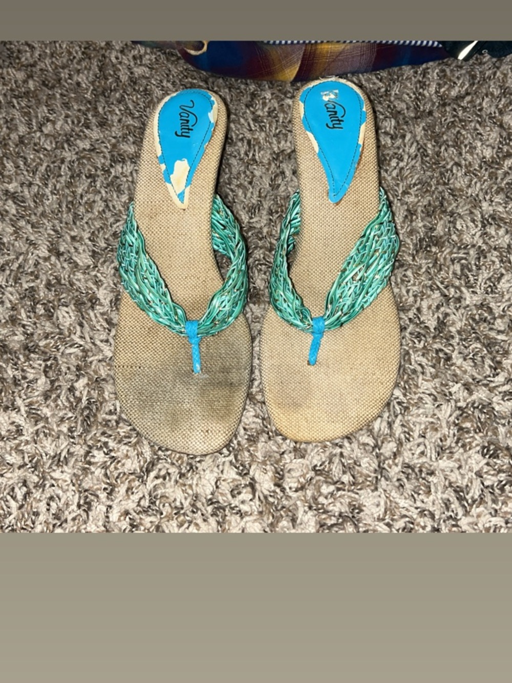 Vanity Teal Braided Thong Sandal Heels - Teal/Beige
